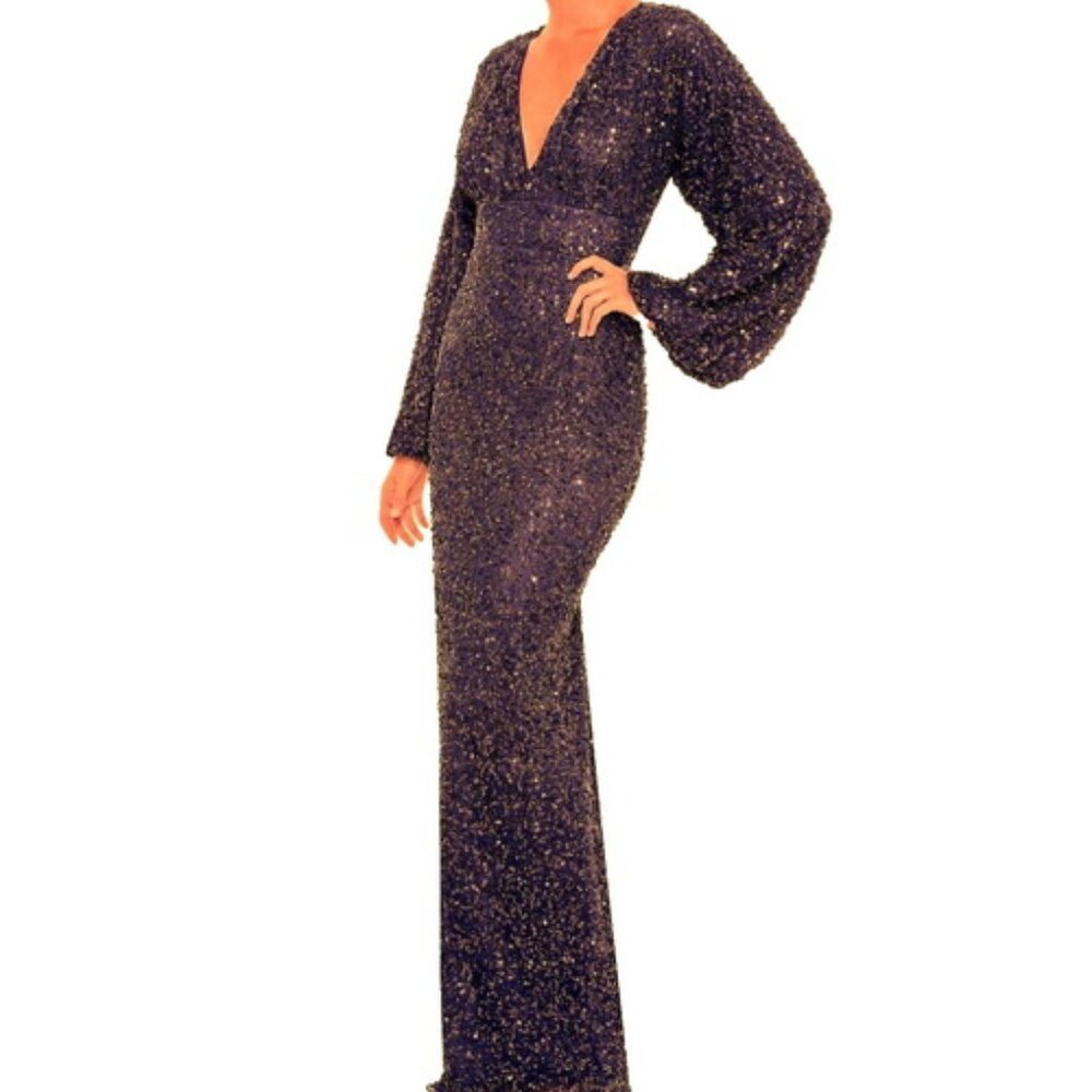 Mac Duggal Amethyst Purple Sequin Long Sleeve Tulle Gown